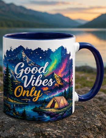 Good Vibes custom colourful graphic mug — dark blue